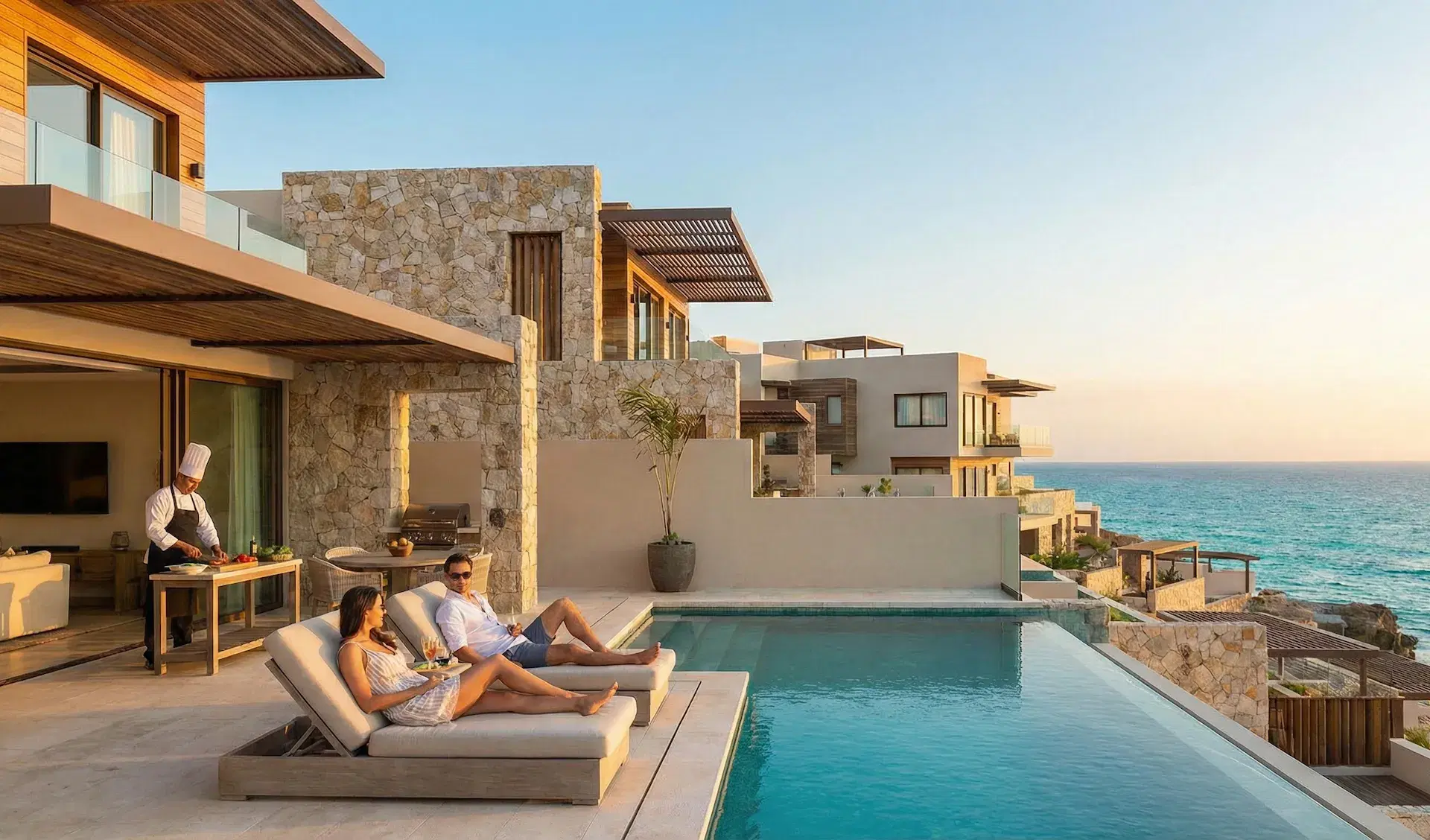 Couple relaxing on loungers beside a private pool on an oceanfront villa terrace while a chef prepares food